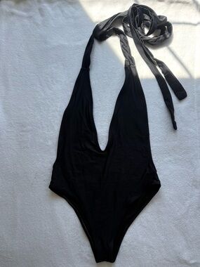 Black One Piece Bathing Suit Onesie Low V Neck size M